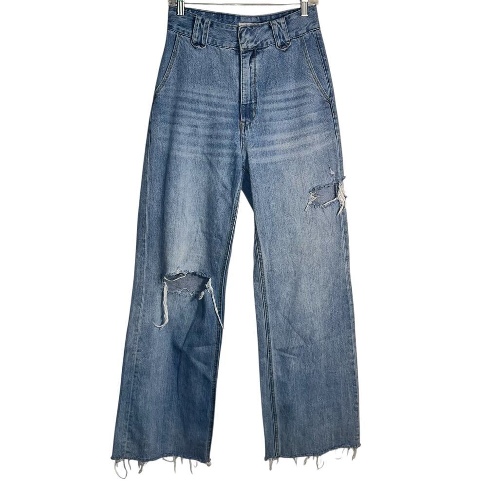 ZGY Denim High Rise Distressed Wide Leg Jeans Size 28 Raw Hem Straight Fit